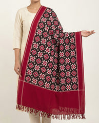 Crimson Red & Charcoal Black Geometric Telia Rumal Double Ikat Cotton Dupatta