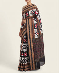 Jet Black & Crimson Red Geometric Checkerboard Bichitrapuri Double Ikat Cotton Saree