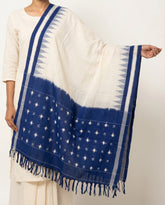 Ivory White & Indigo Blue Geometric Sambalpuri Single Ikat Cotton Dupatta