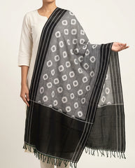 Jet Black & Pristine White Geometric Sambalpuri Single Ikat Cotton Dupatta