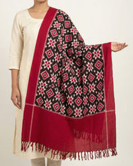 Crimson Red & Charcoal Black Geometric Telia Rumal Double Ikat Cotton Dupatta