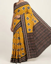 Mustard Yellow & Charcoal Black Grid Motif Sambalpuri Double Ikat Cotton Saree