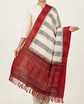 Off White & Maroon Red Geometric Floral Sambalpuri Single Ikat Cotton Dupatta