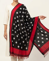 Jet Black & Crimson Red Geometric Diamond Sambalpuri Single Ikat Cotton Dupatta