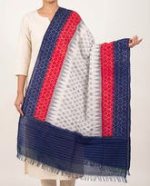 Navy Blue & Crimson Red Geometric Diamond Pochampally Single Ikat Cotton Dupatta