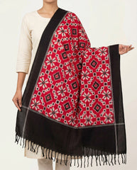 Crimson Red & Charcoal Black Geometric Telia Rumal Double Ikat Cotton Dupatta