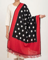 Jet Black & Crimson Red Polka Dot Pochampally Double Ikat Cotton Dupatta