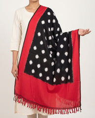 Jet Black & Crimson Red Polka Dot Pochampally Double Ikat Cotton Dupatta