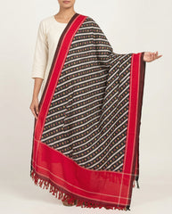 Jet Black & Crimson Red Diagonal Striped Sambalpuri Single Ikat Cotton Dupatta