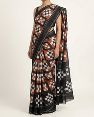 Ethnica Handwoven Ikat Checkered Cotton Saree - Black & Rust