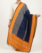 Navy Blue & Mustard Yellow Chevron & Striped Sambalpuri Single Ikat Cotton Dupatta