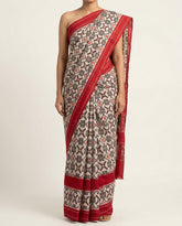Off-White & Crimson Red Geometric Grid Telia Rumal Double Ikat Cotton Saree