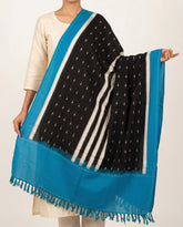 Jet Black & Peacock Blue Geometric Sambalpuri Single Ikat Cotton Dupatta