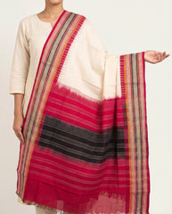 Off-White & Maroon Red Striped Kotpad Single Ikat Cotton Dupatta