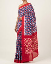 Indigo Blue & Crimson Red Geometric Pochampally Double Ikat Cotton Saree