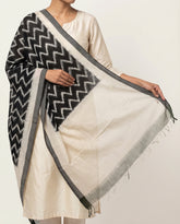 Off-White & Coal Black Zigzag Chevron Pochampally Single Ikat Cotton Dupatta