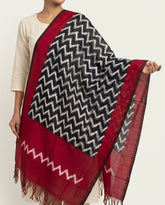 Crimson Red & Charcoal Black Zigzag Geometric Sambalpuri Single Ikat Cotton Dupatta