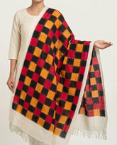 Crimson Red & Charcoal Black Checkered Grid Pochampally Double Ikat Cotton Dupatta