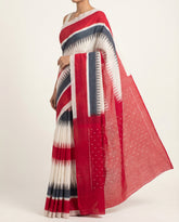 Crimson Red & Off-White Geometric Striped Sambalpuri Single Ikat Cotton Saree