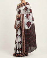 Pearl White & Crimson Red Geometric Sambalpuri Double Ikat Cotton Saree