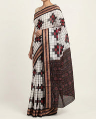 Pearl White & Crimson Red Geometric Sambalpuri Double Ikat Cotton Saree