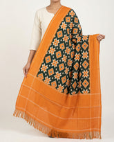 Mustard Yellow & Forest Green Geometric Sambalpuri Single Ikat Cotton Dupatta
