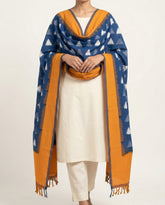 Ethnica Handloom Blue Ikat Triangle Cotton Shawl with Orange Border