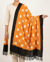 Saffron Orange & Jet Black Grid Geometric Pochampally Single Ikat Cotton Dupatta