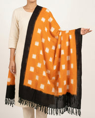Saffron Orange & Jet Black Grid Geometric Pochampally Single Ikat Cotton Dupatta
