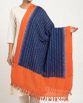 Navy Blue & Bright Orange Geometric Pochampally Single Ikat Cotton Dupatta