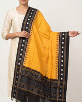 Mango Yellow & Jet Black Temple Border Sambalpuri Single Ikat Cotton Dupatta