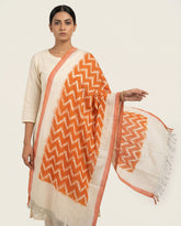 Ivory White & Rust Orange Zigzag Pochampally Single Ikat Cotton Dupatta