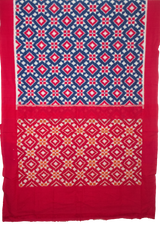 Indigo Blue & Crimson Red Geometric Pochampally Double Ikat Cotton Saree