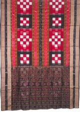 Crimson Red & Charcoal Black Pasapalli Checkerboard Sambalpuri Double Ikat Cotton Saree
