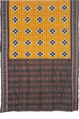 Mustard Yellow & Charcoal Black Grid Motif Sambalpuri Double Ikat Cotton Saree