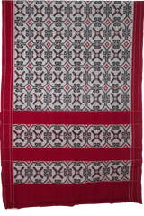 Off-White & Crimson Red Geometric Grid Telia Rumal Double Ikat Cotton Saree