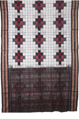 Pearl White & Crimson Red Geometric Sambalpuri Double Ikat Cotton Saree