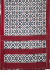 Off-White & Crimson Red Geometric Pochampally Double Ikat Cotton Saree