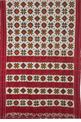 Off White & Crimson Red Floral Grid Telia Rumal Double Ikat Cotton Saree