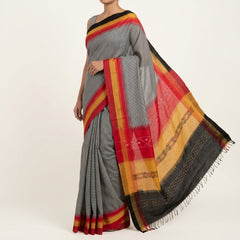 Slate Grey & Crimson Red Geometric Sambalpuri Single Ikat Cotton Saree
