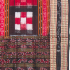 Crimson Red & Charcoal Black Pasapalli Checkerboard Sambalpuri Double Ikat Cotton Saree