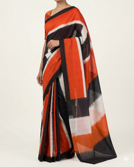 Orange Black Handloom Cotton Pochampally Saree