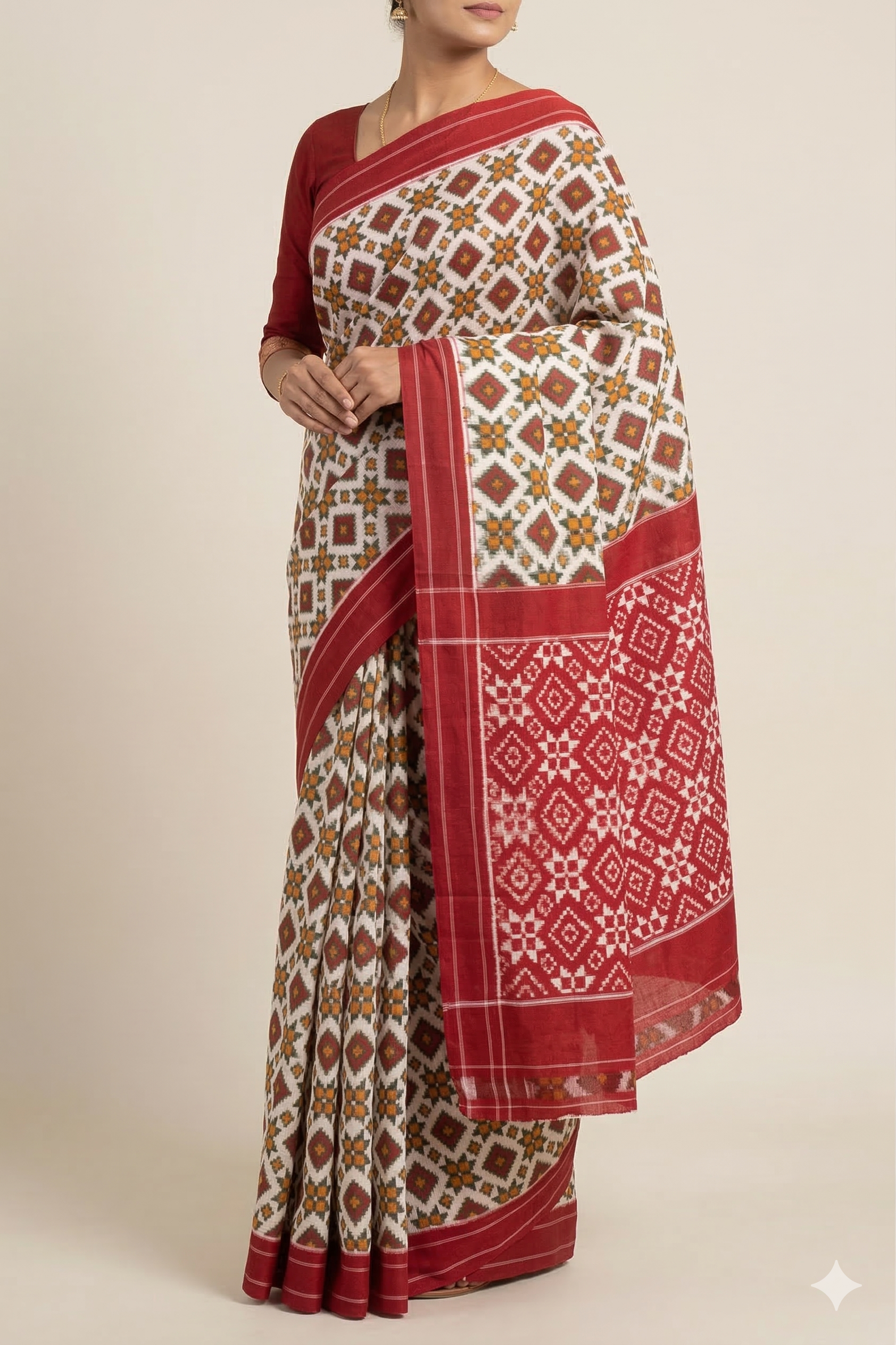 Woman wearing a traditional saree with a geometric pattern on a beige background