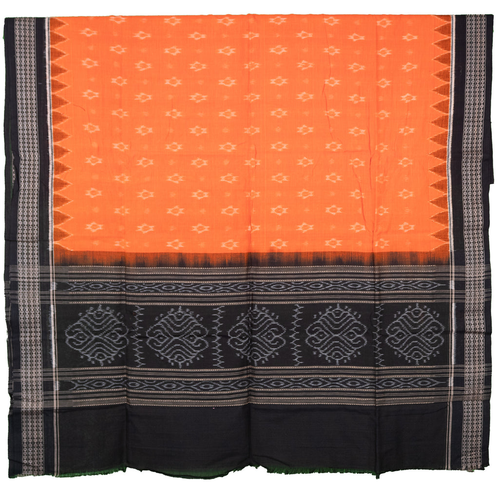 Saffron Orange & Jet Black Traditional Sambalpuri Single Ikat Cotton Dupatta