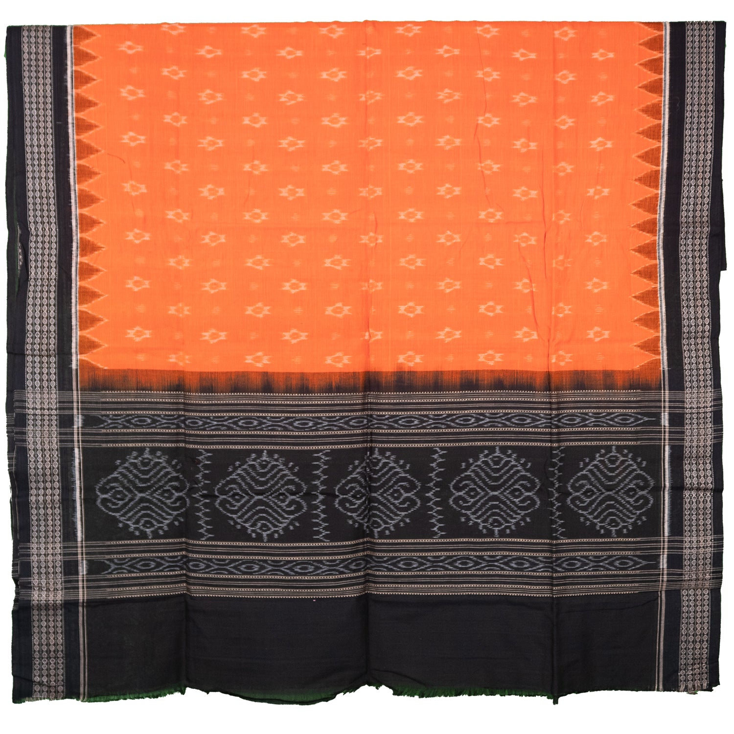Saffron Orange & Jet Black Traditional Sambalpuri Single Ikat Cotton Dupatta