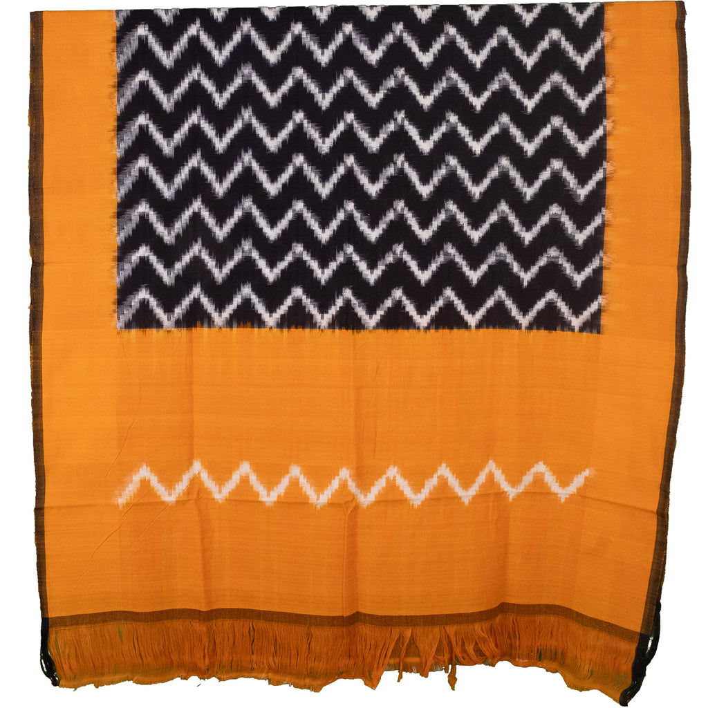 Ochre Yellow & Jet Black Chevron Pochampally Single Ikat Cotton Dupatta