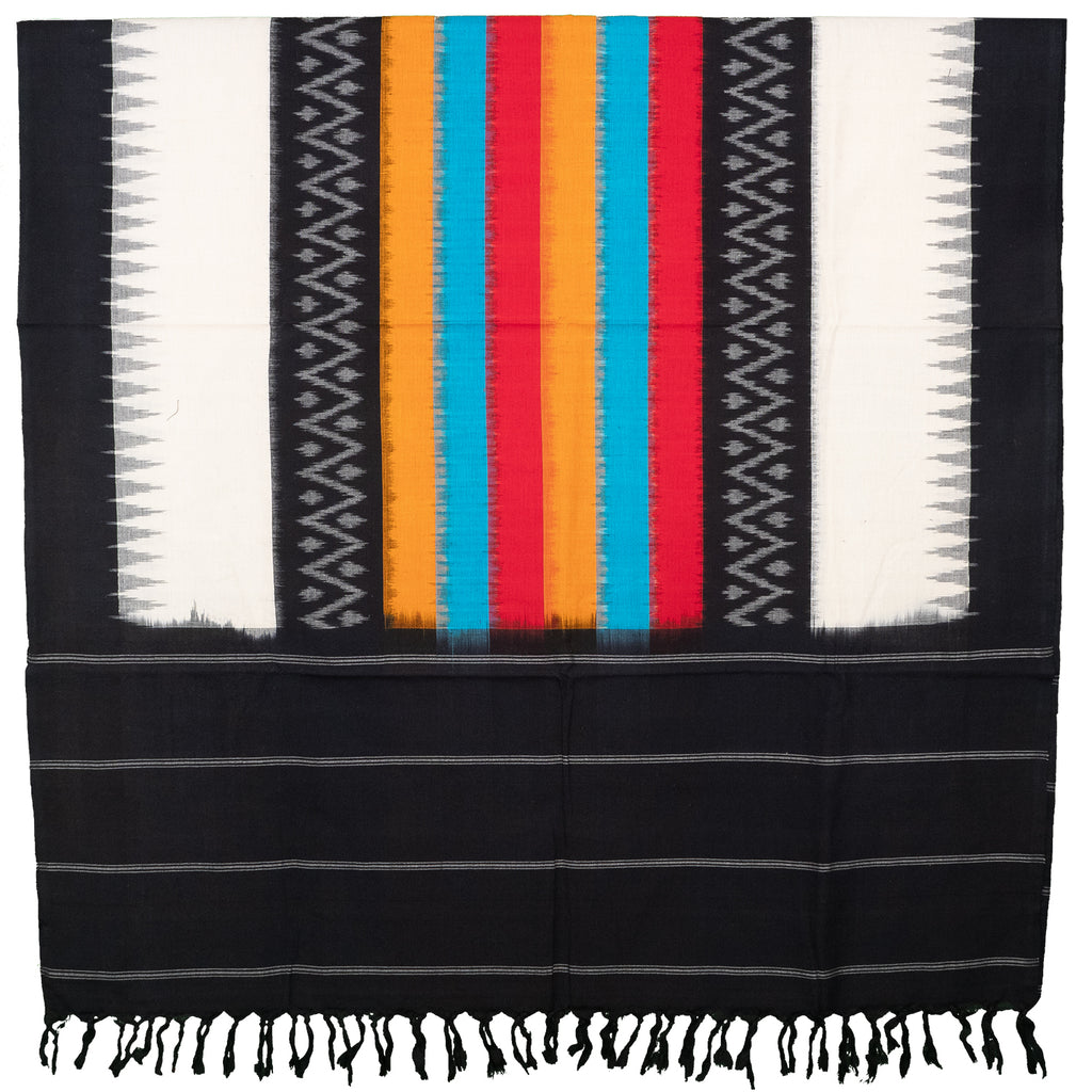 Jet Black & Pearl White Geometric Sambalpuri Single Ikat Cotton Dupatta
