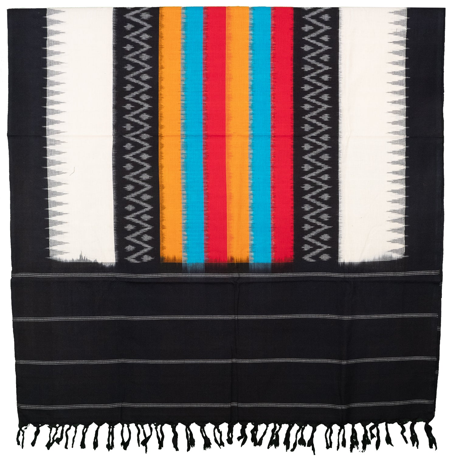 Jet Black & Pearl White Geometric Sambalpuri Single Ikat Cotton Dupatta