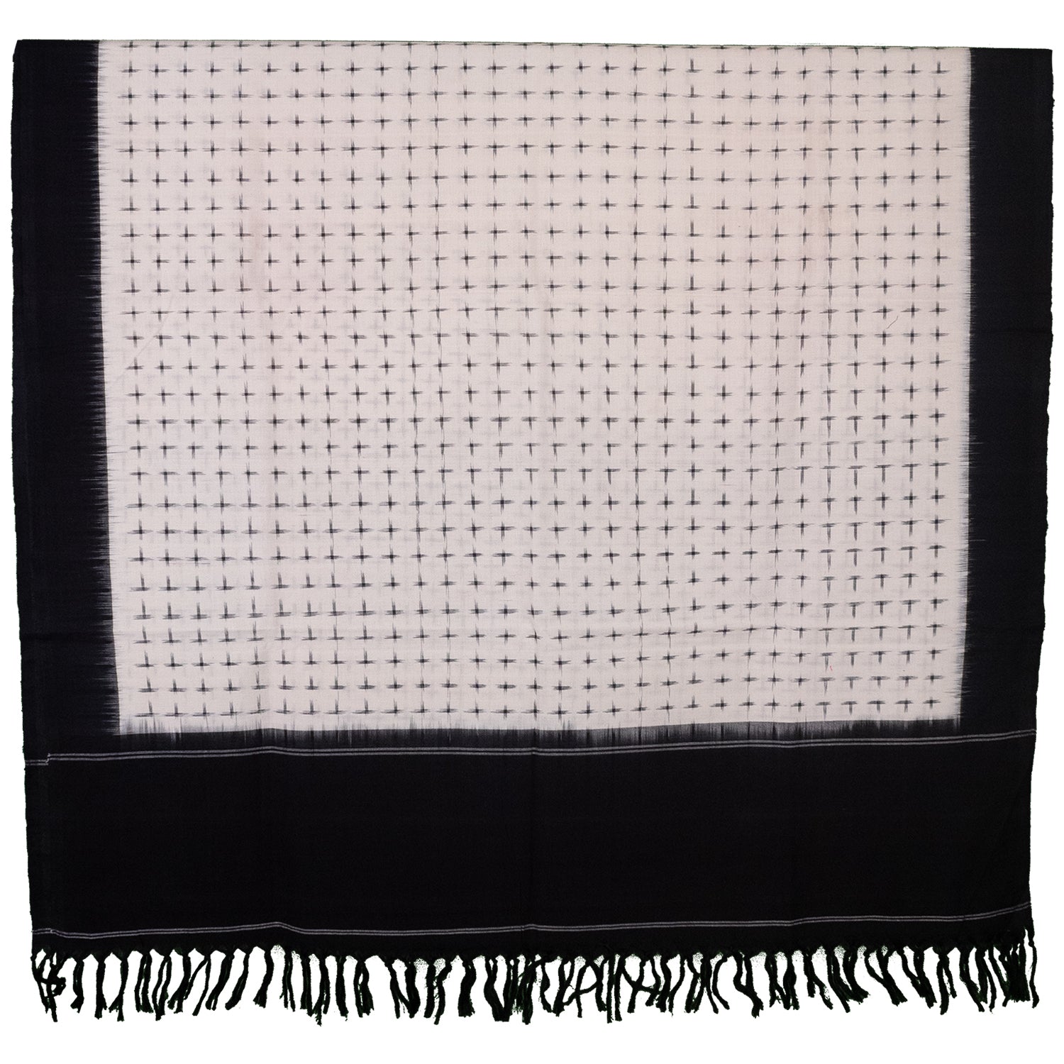 Ivory White & Jet Black Geometric Cross Sambalpuri Single Ikat Cotton Dupatta