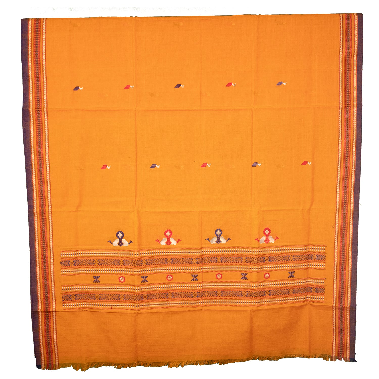 Mustard Yellow & Purple Fish Motif Sambalpuri Single Ikat Cotton Dupatta